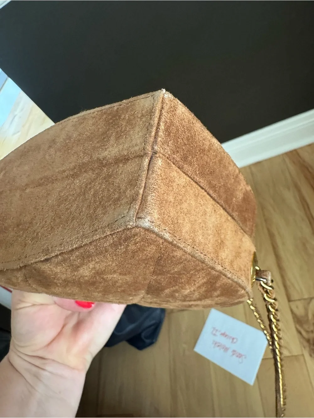 Brown Suede Quilted Crossbody Bag with Gold Chain
